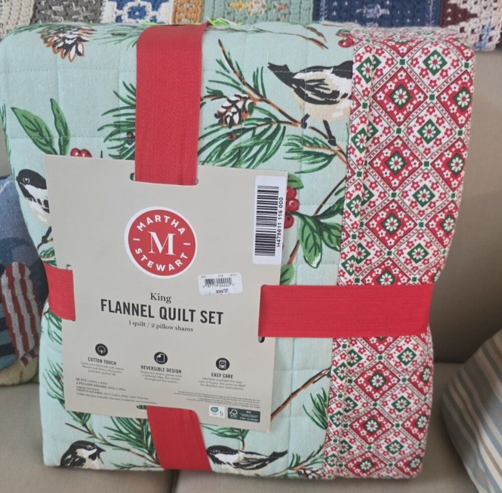 NWT Martha Stewart King Flannel Quilt Set Green/Red Evergreen 3 Pc 100% Cotton